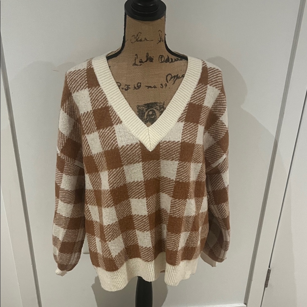 LOFT Brown and Cream Plaid V-Neck Sweater